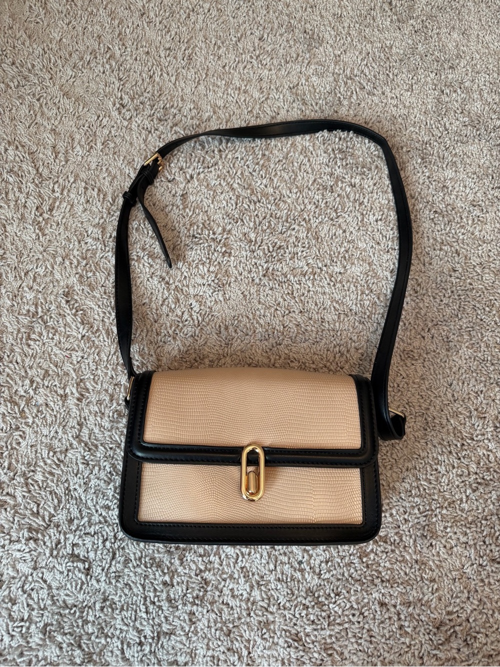 Womens Beige and Black Crossbody Bag with Gold Hardware